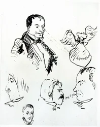 Tre självporträtt och profiler av Jules Champfleury (1821-89) och Charles Asselineau (1820-74) ca 1857-58